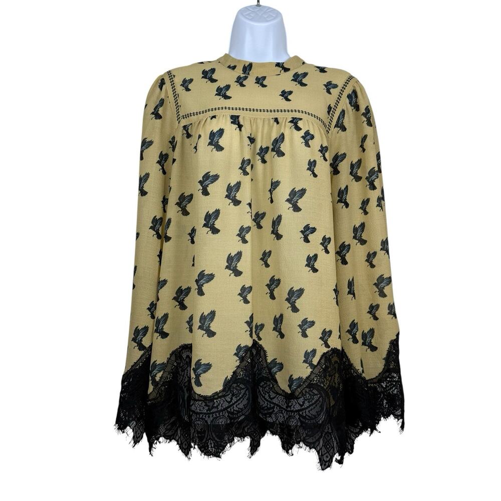 Max Studio Top Women Tan Black Lace Trim Crow Print Whimsigoth Witchy Boho Sheer - Picture 2 of 13